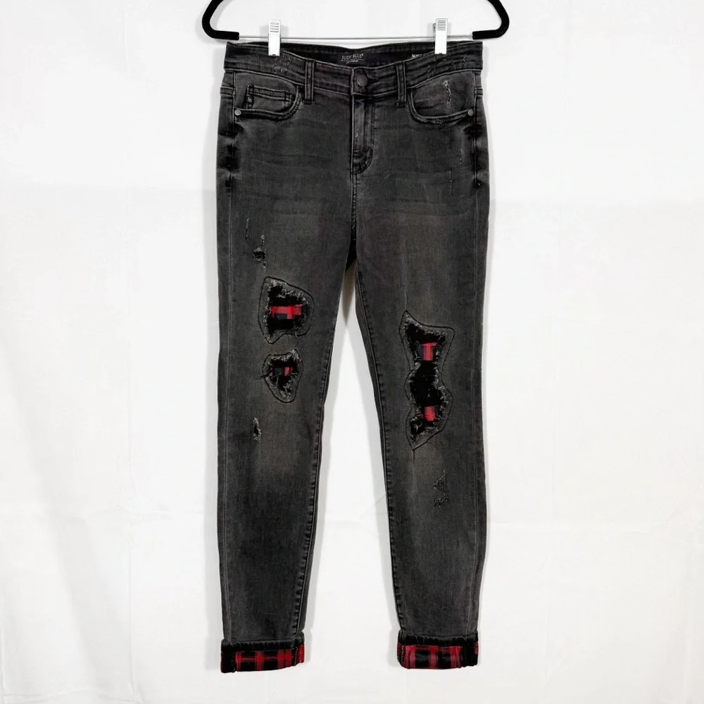 Judy Blue Buffalo Plaid Peek-A-Boo High Rise Skinny Jeans Charcoal Grey Black